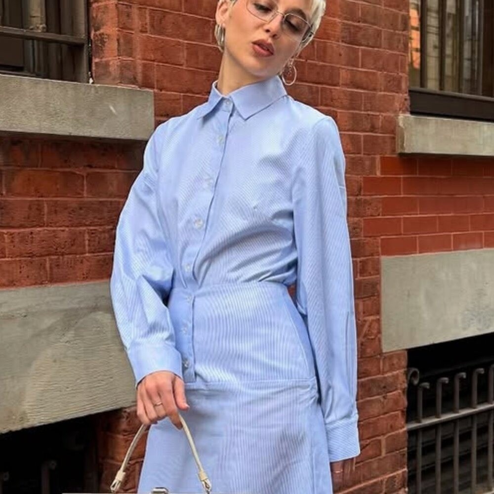 Mode Mischief Oversized Cinch Shirt Striped Cotton Button Down XS Long Sleeve‎